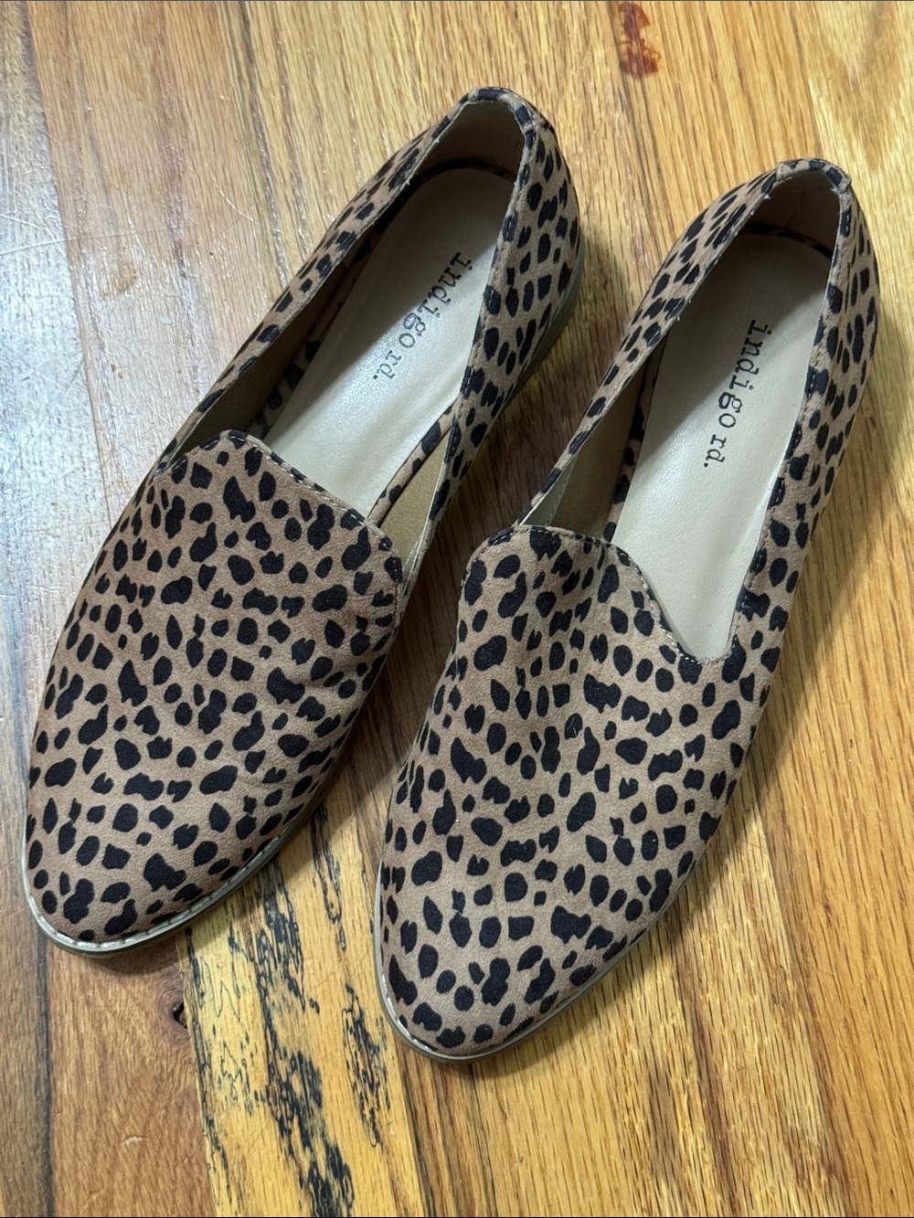 Indigo Leopard-Print Slip-On Flats in Tan and Black